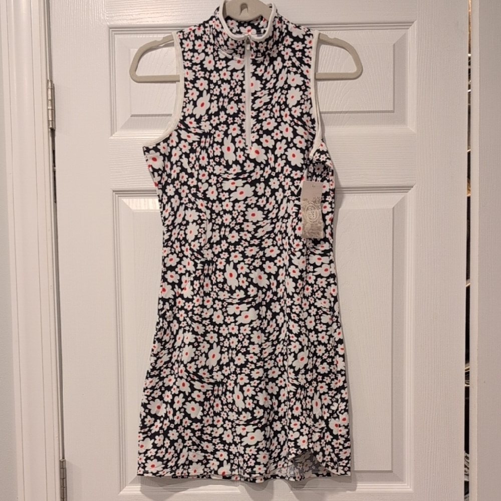Floral High-Neck Mini Athletic Dress - Black Red White